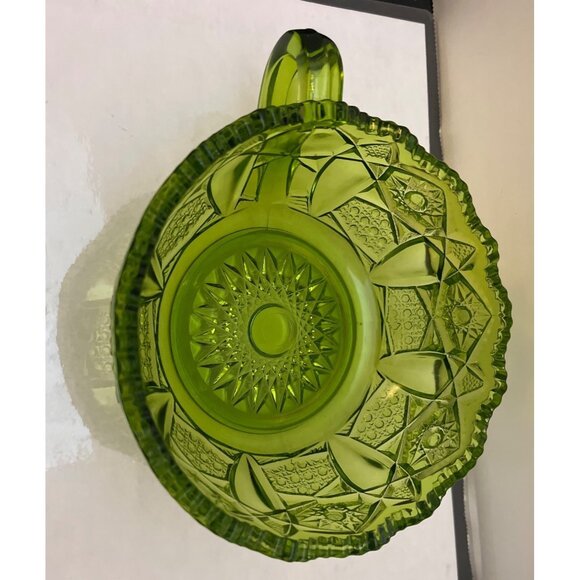 L E Smith Heritage Quintec Green Carnival Glass Handle Candy Nut Dish Bowl Vtg - Picture 2 of 7